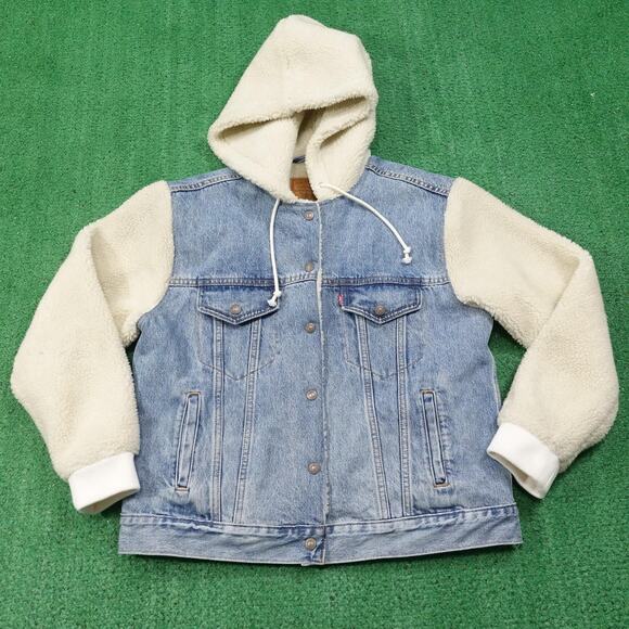 Levi's Jackets & Blazers - Levis Denim Trucker Jacket Womens Large Ex-Boyfriend Sherpa Sleeve Hood Premium